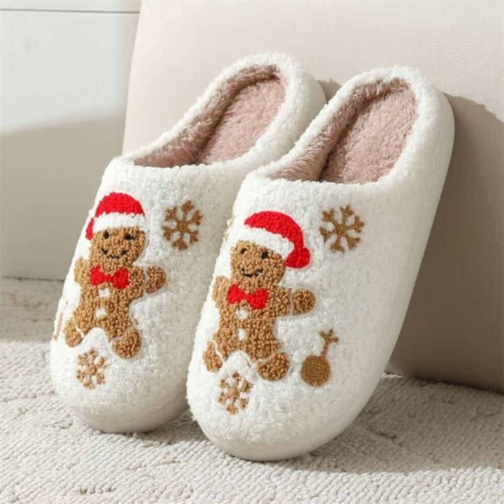 Plush Warm Gingerbread Man Snowflake Christmas Holiday Slippers US 7.5